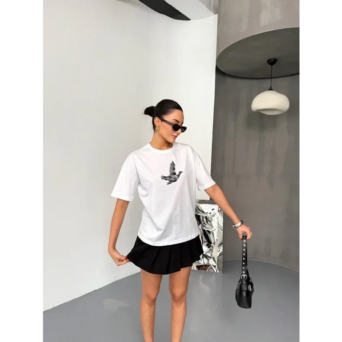 KADIN Baskılı T-Shirt Kısa Kol Bisiklet Yaka Regular Fit Yazlık Tişört - Beyaz