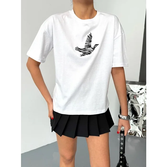 KADIN Baskılı T-Shirt Kısa Kol Bisiklet Yaka Regular Fit Yazlık Tişört - Beyaz