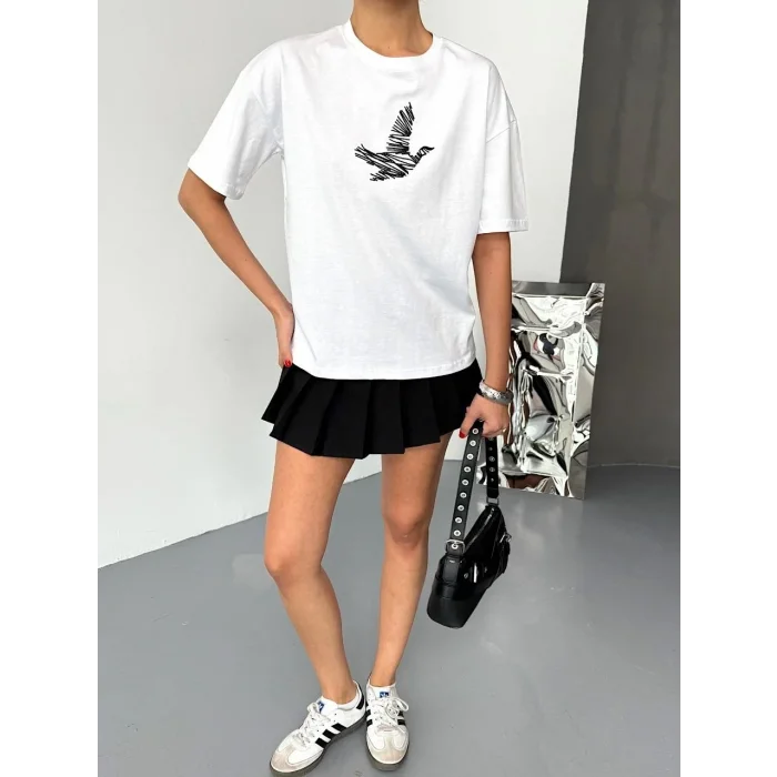 KADIN Baskılı T-Shirt Kısa Kol Bisiklet Yaka Regular Fit Yazlık Tişört - Beyaz