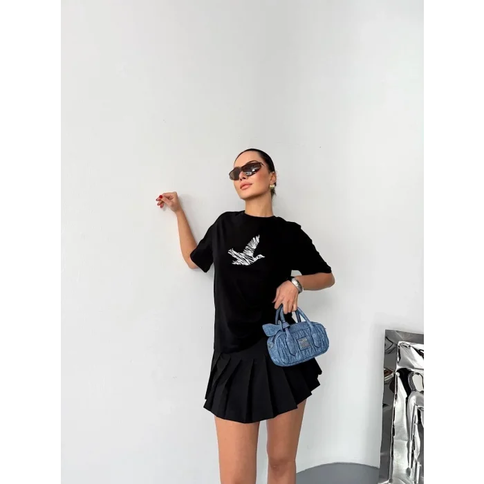 Kadın Kısa Kol Yazlık Tişört Bisiklet Yaka Baskılı Oversize T-Shirt - Siyah