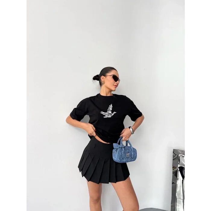 Kadın Kısa Kol Yazlık Tişört Bisiklet Yaka Baskılı Oversize T-Shirt - Siyah