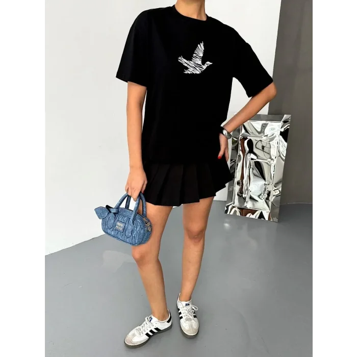 Kadın Kısa Kol Yazlık Tişört Bisiklet Yaka Baskılı Oversize T-Shirt - Siyah