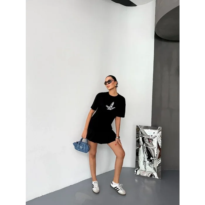 Kadın Kısa Kol Yazlık Tişört Bisiklet Yaka Baskılı Oversize T-Shirt - Siyah