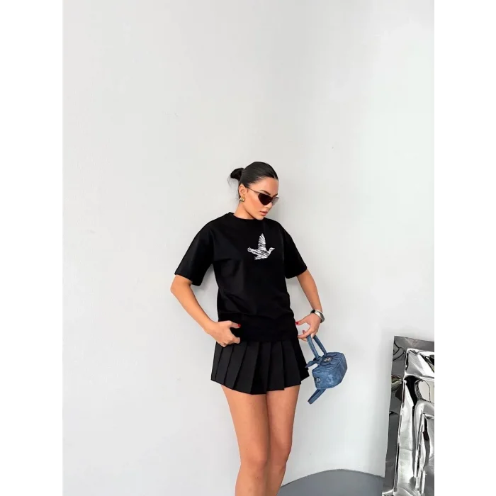 Kadın Kısa Kol Yazlık Tişört Bisiklet Yaka Baskılı Oversize T-Shirt - Siyah