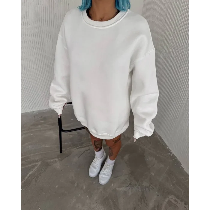 Kadın Bisiklet Yaka 3 İplik Pamuklu Basic SweatShirt - Beyaz