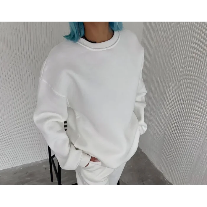 Kadın Bisiklet Yaka 3 İplik Pamuklu Basic SweatShirt - Beyaz