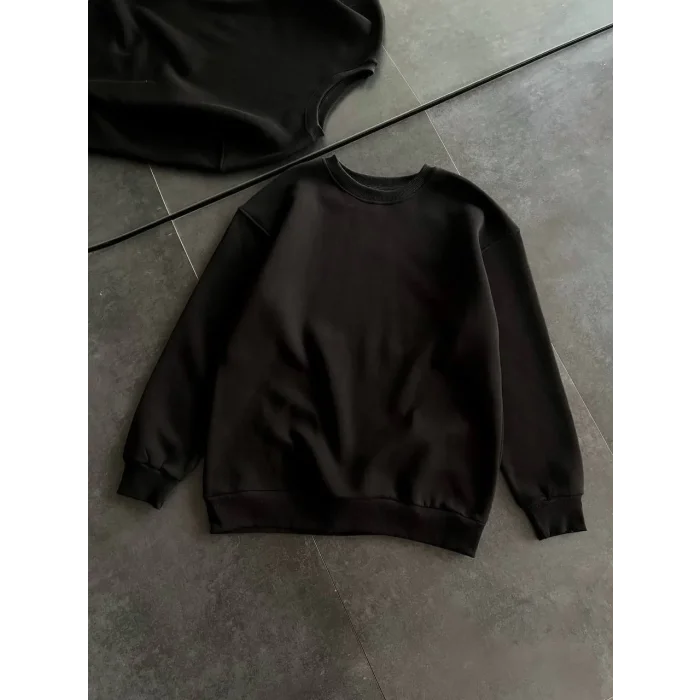 Kadın Bisiklet Yaka 3 İplik Pamuklu Basic SweatShirt - Siyah