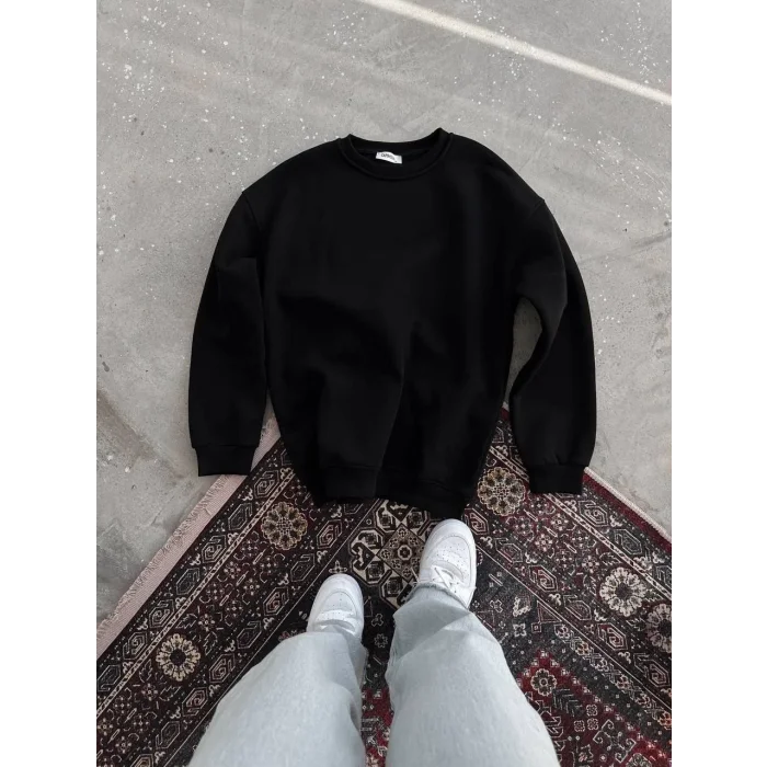 Kadın Bisiklet Yaka 3 İplik Pamuklu Basic SweatShirt - Siyah