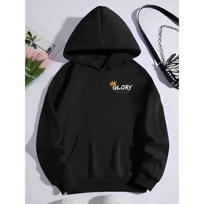 Kadın Oversize Kapüşonlu Kanguru Cepli Baskılı 3 İplik Pamuklu Sweatshirt Hoodie -   Siyah