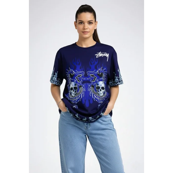 Kadın Lacivert Oversize Tişört Dragon & Kuru Kafa Baskılı Bisiklet Yaka T-Shirt - Lacivert