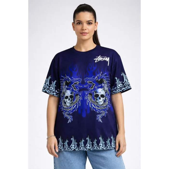 Kadın Lacivert Oversize Tişört Dragon & Kuru Kafa Baskılı Bisiklet Yaka T-Shirt - Lacivert