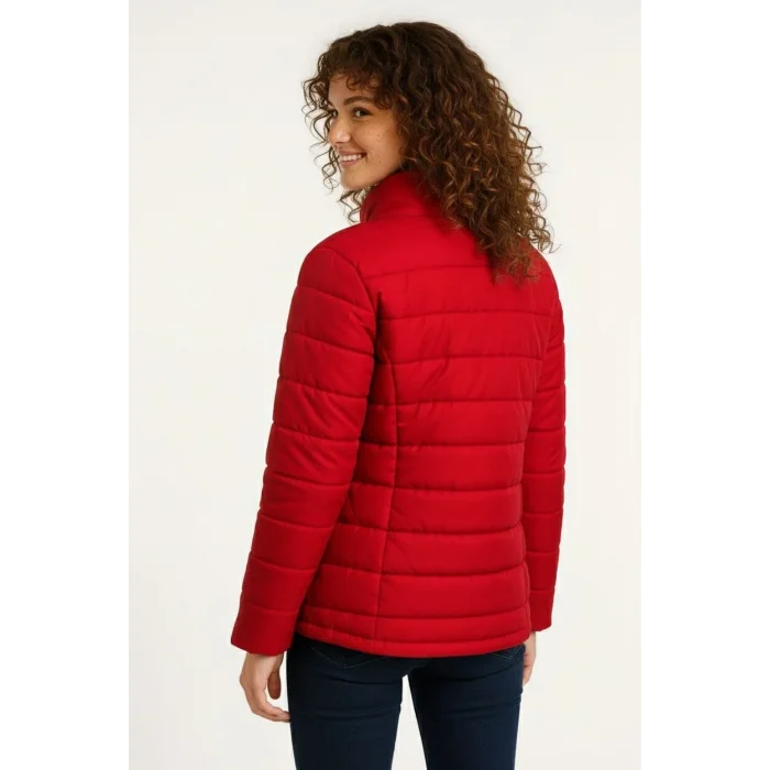 Kadın Mikro Su İtici Kapitone Baskılı Astarlı Fermuarlı Bomber Mont - Kırmızı