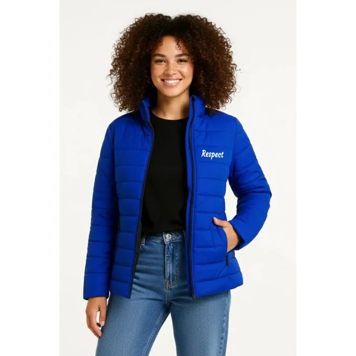 Kadın Mikro Su İtici Kapitone Baskılı Astarlı Fermuarlı Bomber Mont - Saks Mavisi