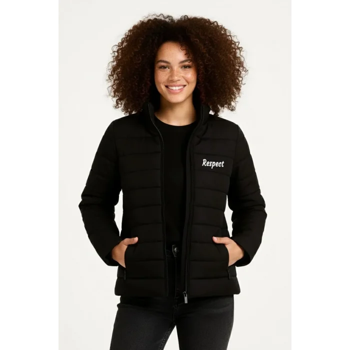 Kadın Mikro Su İtici Kapitone Baskılı Astarlı Fermuarlı Bomber Mont - Siyah