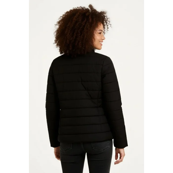 Kadın Mikro Su İtici Kapitone Baskılı Astarlı Fermuarlı Bomber Mont - Siyah