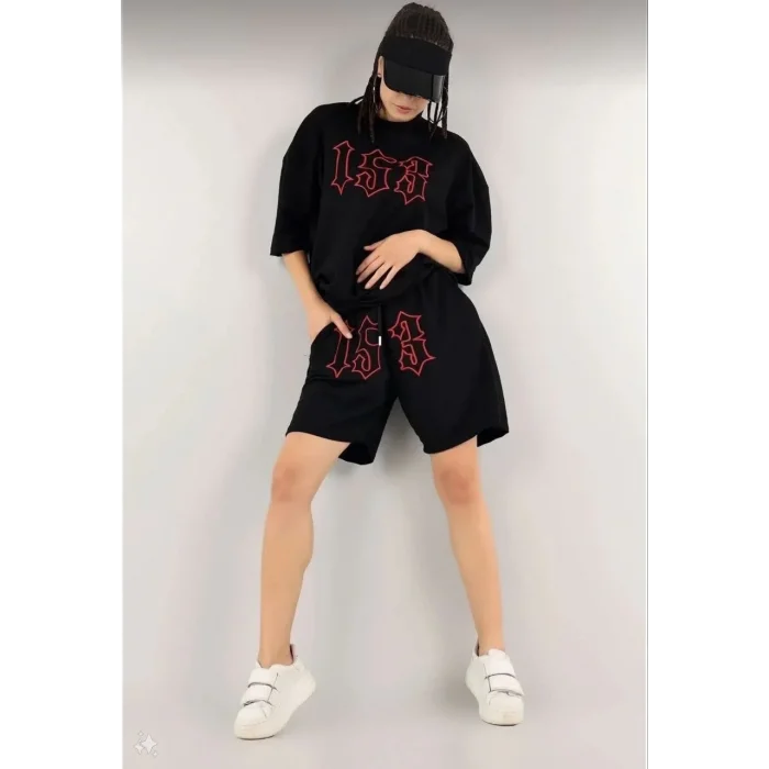 Kadın Nakış İşlemeli Şort Kısa kol Alt-Üst Takım - Siyah