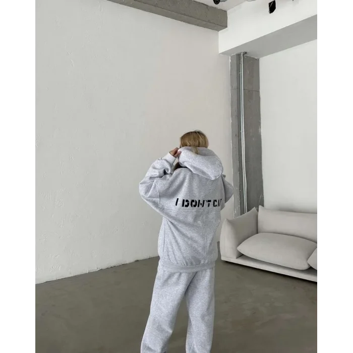 Kadın Nakış İşlemeli 3 İplik Pamuklu Sweat Alt-Üst Takım- Gri