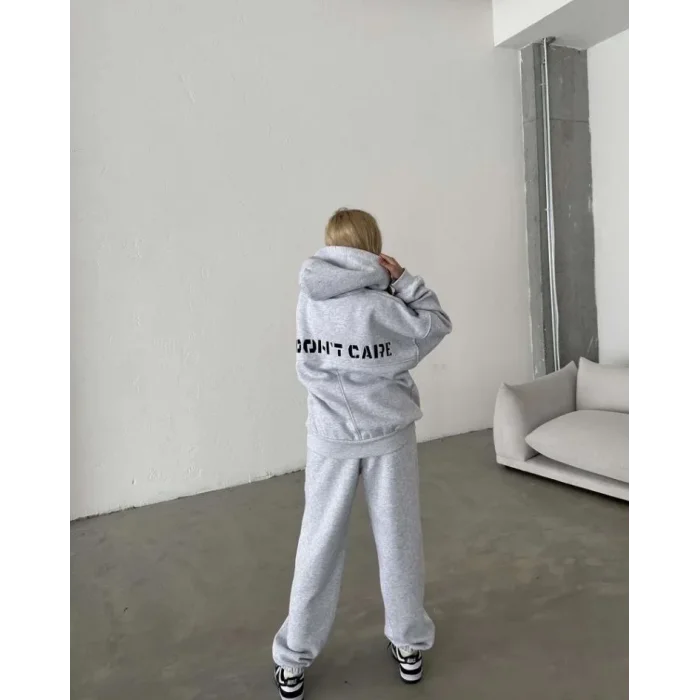 Kadın Nakış İşlemeli 3 İplik Pamuklu Sweat Alt-Üst Takım- Gri