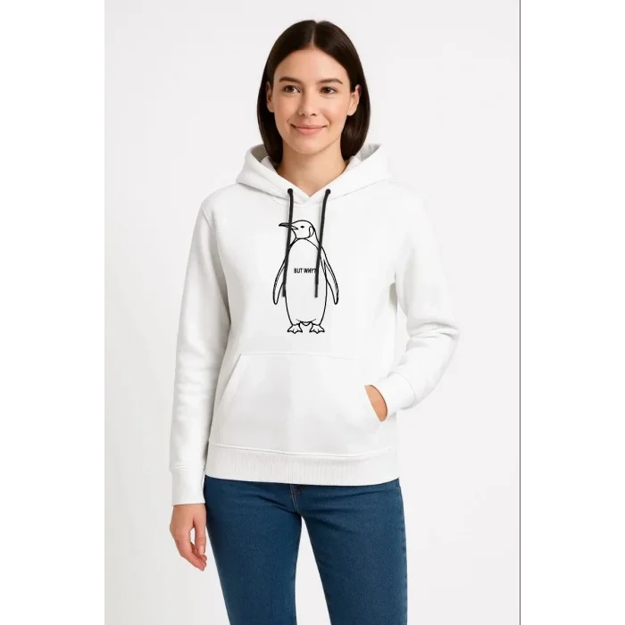 Kadın 3 İplik Pamuklu Kapüşonlu Hoodie Sweatshirt Nihilist Penguen Baskılı - Beyaz