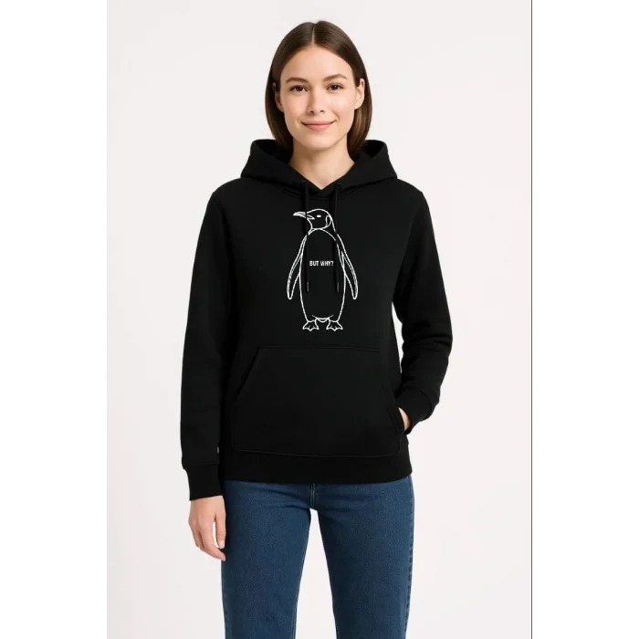 Kadın 3 İplik Pamuklu Kapüşonlu Hoodie Sweatshirt Nihilist Penguen Baskılı - Siyah