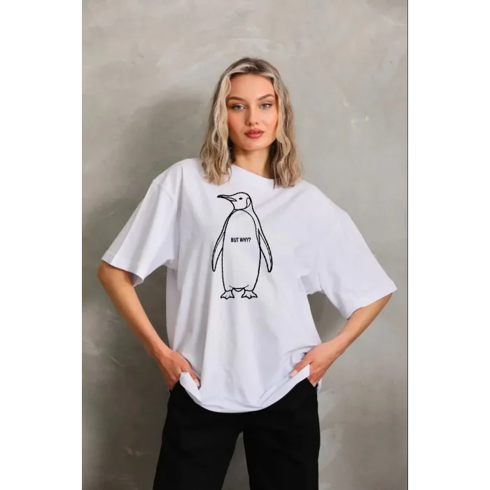 Kadın T-Shirt Nihilist Penguen Baskılı Bisiklet Yaka Kısa kol yazlık Tişört - Beyaz