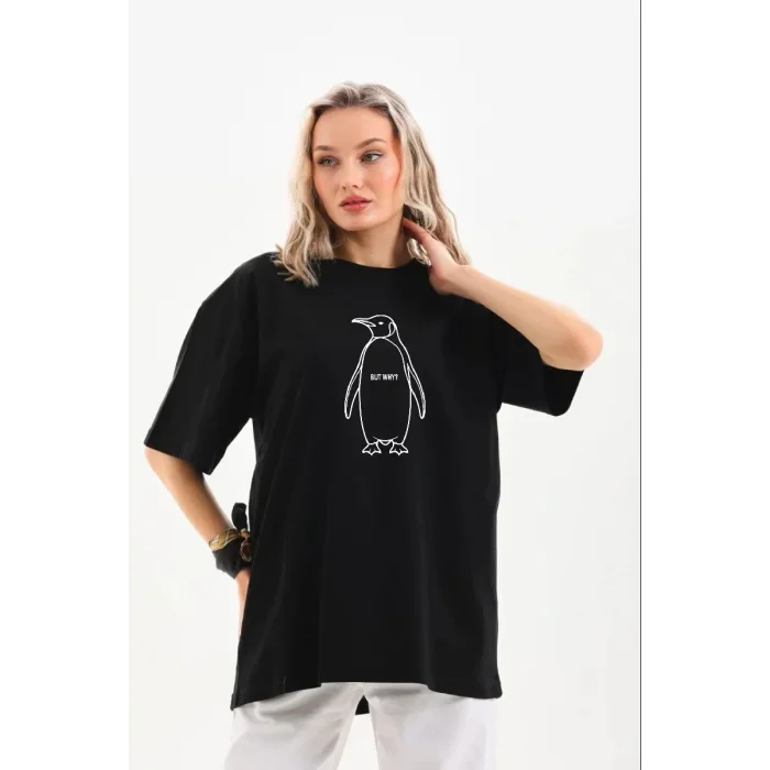 Kadın T-Shirt Nihilist Penguen Baskılı Bisiklet Yaka Kısa kol yazlık Tişört - Siyah