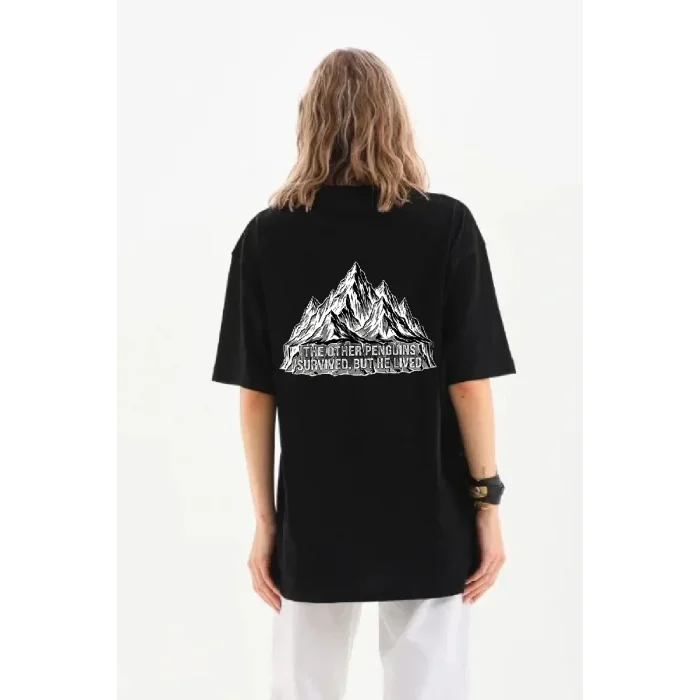 Kadın T-Shirt Penguen Baskılı Bisiklet Yaka Kısa kol yazlık Tişört - Siyah