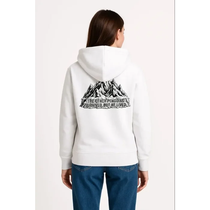 Kadın 3 İplik Pamuklu Kapüşonlu Hoodie Sweatshirt Nihilist Penguen Baskılı - Beyaz