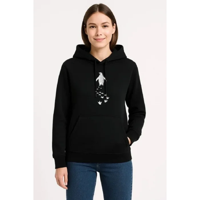 Kadın 3 İplik Pamuklu Kapüşonlu Hoodie Sweatshirt Nihilist Penguen Baskılı - Siyah