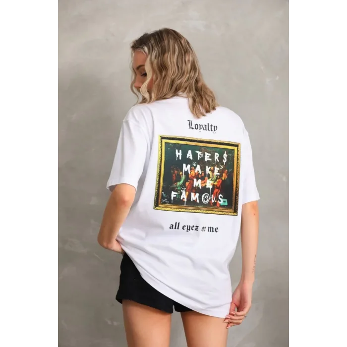 Kadın ön ve arka Baskılı Oversize Kısa kol  T-Shirt - Beyaz