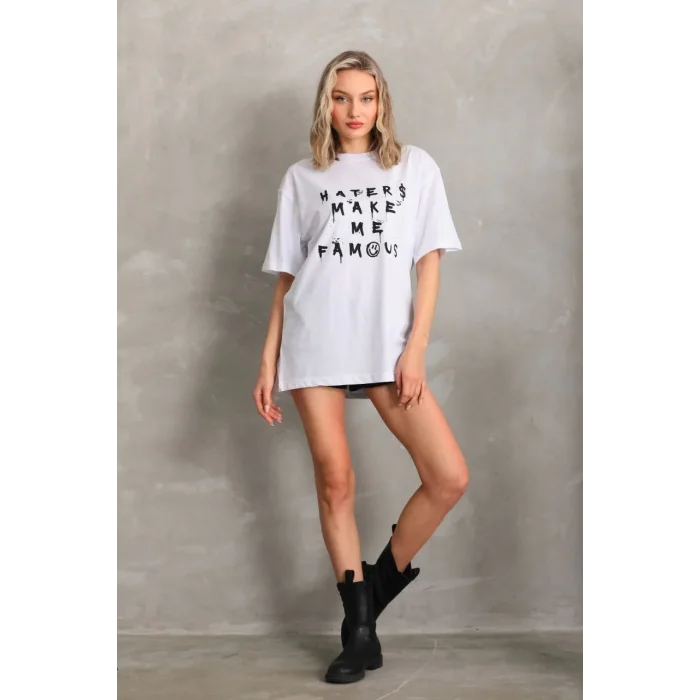 Kadın ön ve arka Baskılı Oversize Kısa kol  T-Shirt - Beyaz