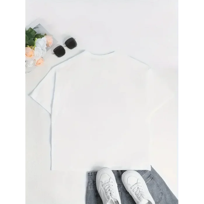 Kadın T-Shirt Ördek Baskılı Bisiklet Yaka Kısa kol Tişört - Beyaz
