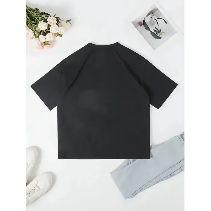 Kadın T-Shirt Ördek Baskılı Bisiklet Yakalı Kısa kol Tişört - Siyah