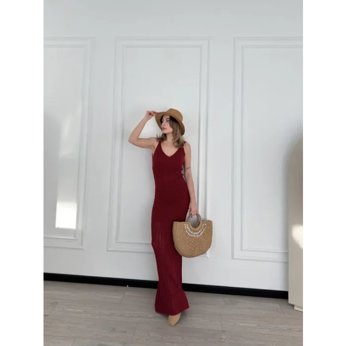 Kadın Örgülü Uzun Triko Elbise - Bordo