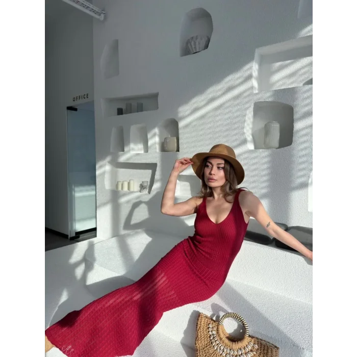 Kadın Örgülü Uzun Triko Elbise - Bordo