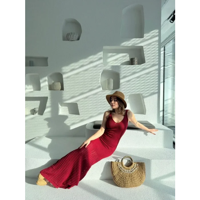 Kadın Örgülü Uzun Triko Elbise - Bordo