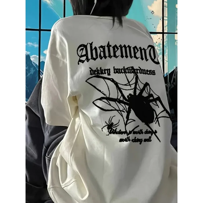 Kadın Tişört Örümcek Baskılı Bisiklet Yaka T-shirt - Beyaz