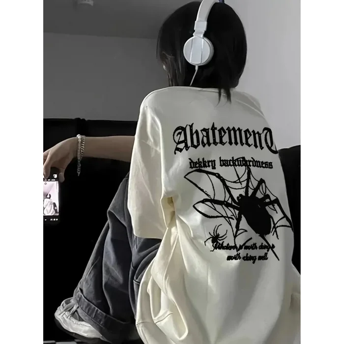 Kadın Tişört Örümcek Baskılı Bisiklet Yaka T-shirt - Beyaz