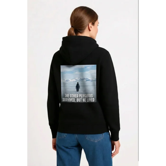 Kadın 3 İplik Pamuklu Kapüşonlu Hoodie Sweatshirt Survivor Penguen Baskılı - Siyah
