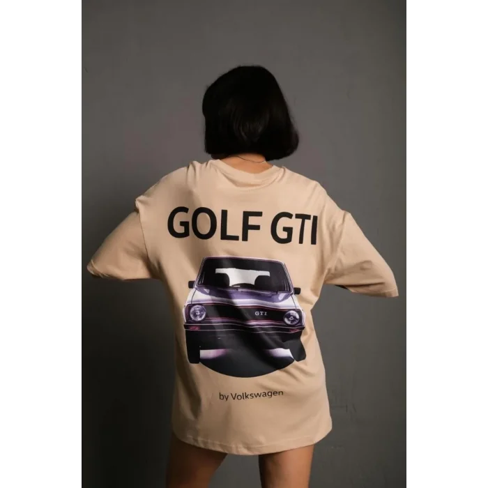 Kadın Oversize Tişört Golf GTI Retro Araba Baskılı T-shirt - Bej