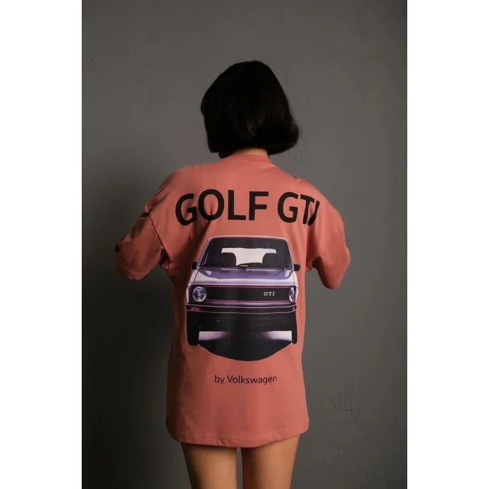 Kadın Oversize Tişört Golf GTI Retro Araba Baskılı T-shirt  - Gül Kurusu