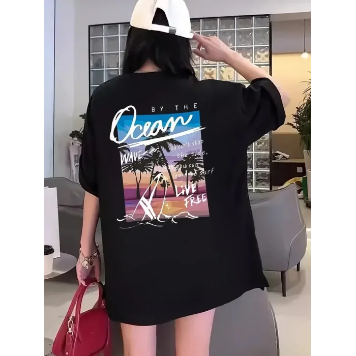 Kadın Kısa Kol Yazlık Tişört Bisiklet Yaka Okyanus Baskılı T-Shirt - Siyah