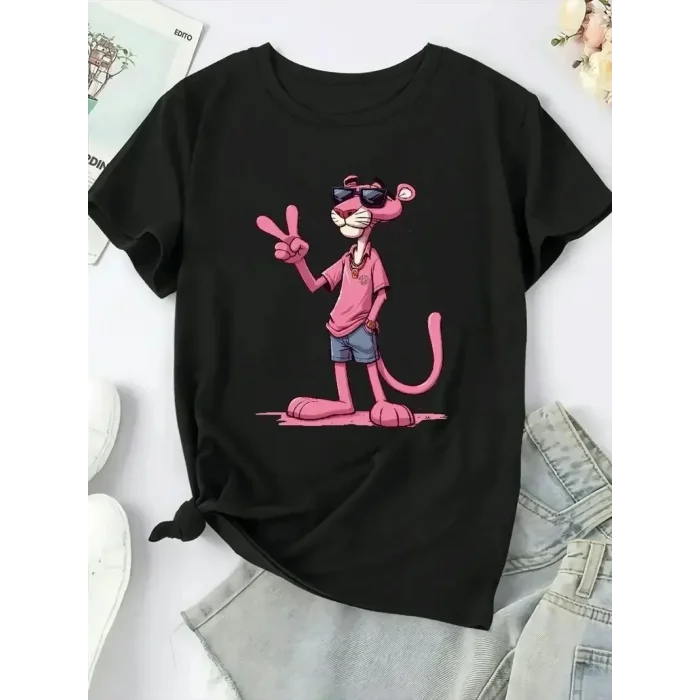 Kadın Tişört Pembe Panter Baskılı Bisiklet Yaka Kısa Kol T-shirt - Beyaz