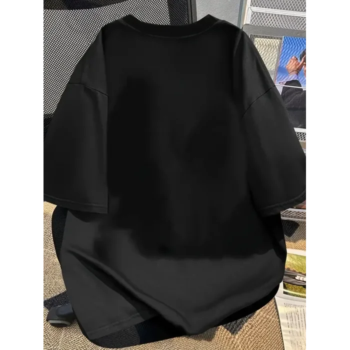 Kadın Kısa Kol Yazlık Tişört Bisiklet Yaka Baskılı Oversize T-Shirt - Siyah