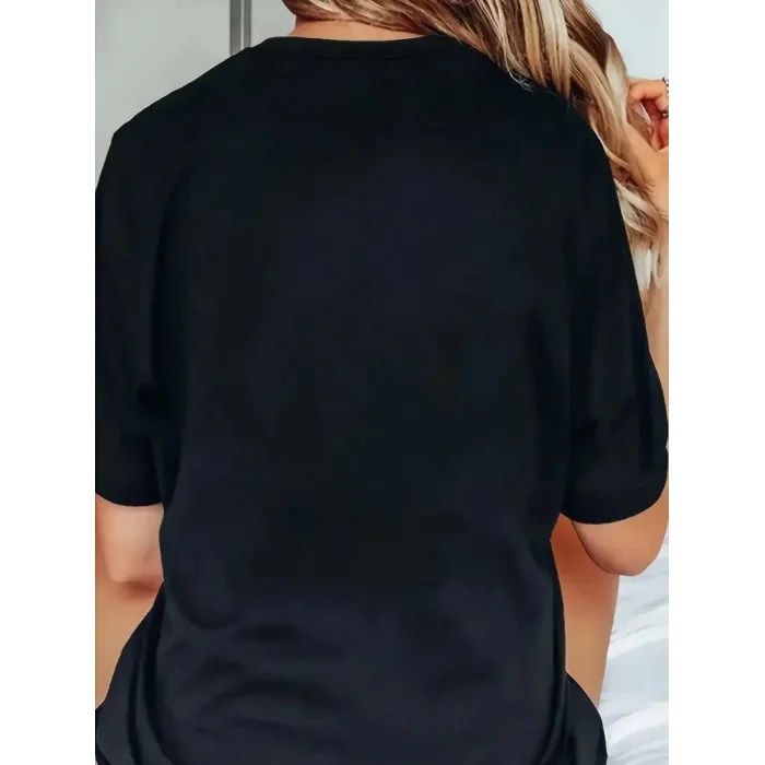 Kadın Kısa Kol Yazlık Tişört Bisiklet Yaka Baskılı Oversize T-Shirt - Siyah