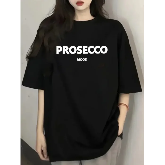 Kadın Kısa Kol Yazlık Tişört Bisiklet Yaka Baskılı Oversize T-Shirt - Siyah