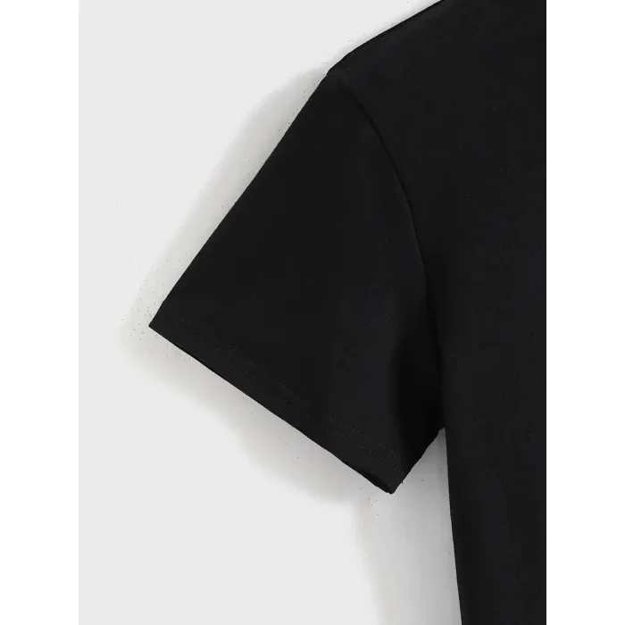 Kadın Baskılı Tişört Kısa Kol Bisiklet Yaka T-shirt - Siyah