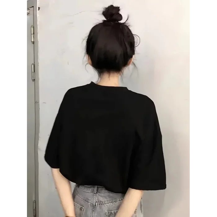 Kadın Kısa Kol Yazlık Tişört Bisiklet Yaka Baskılı Oversize T-Shirt - Siyah