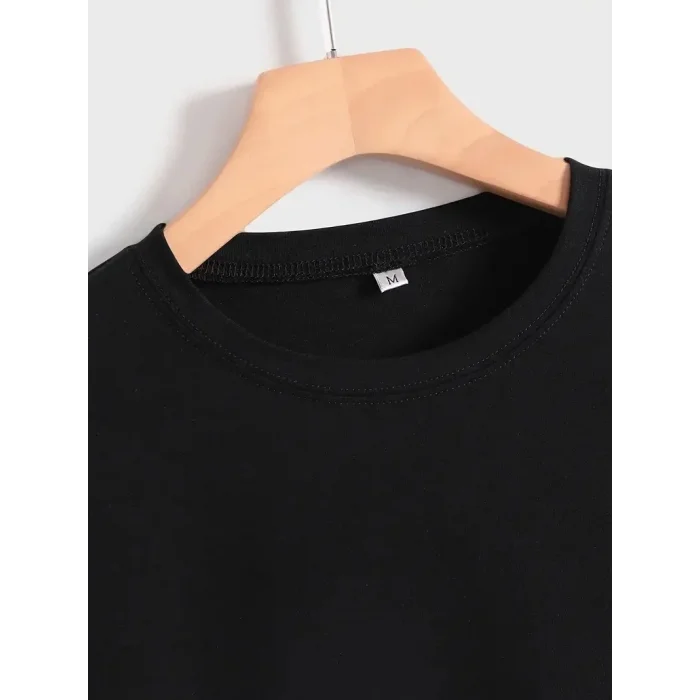 Kadın Baskılı Tişört Kısa Kol Bisiklet Yaka T-shirt - Siyah