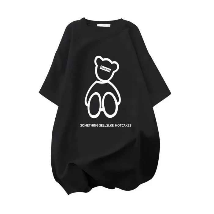 Kadın Tişört Penye Compack Baskılı Oversize Bisiklet Yaka T-shirt - Siyah